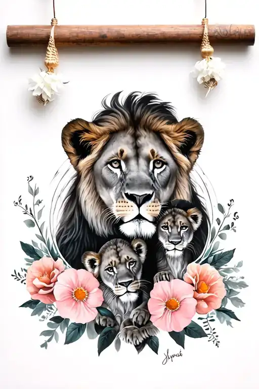 Lioness With A Girl Lion Cub And Flowers Inside