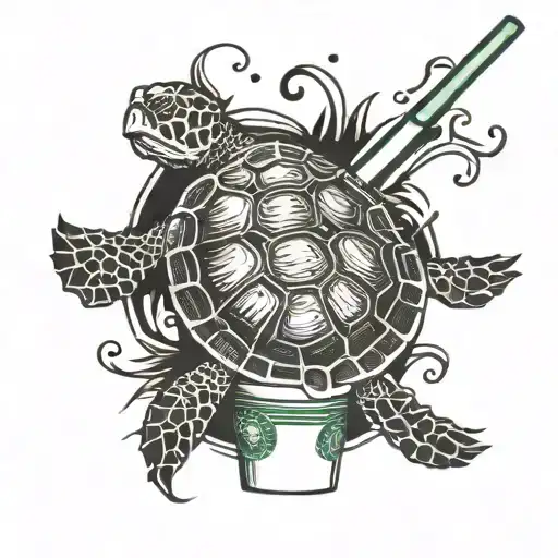 Design A Realism Style Black Tattoo Of A Sea Turtle Drinking A Starbucks Frappuccino From Straw