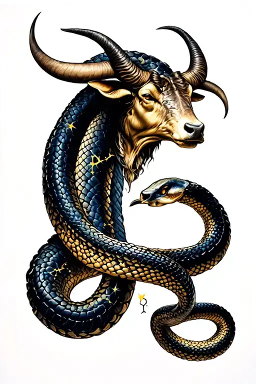 Capricorn Constellation With Snake Coiling And Zodiac Ox