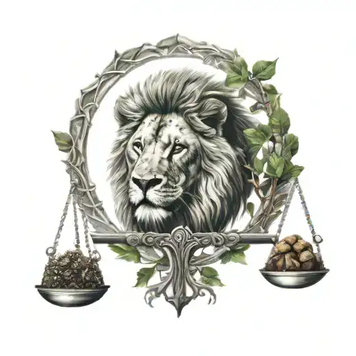 Lion Head And Justice Scales With Life Tree Emerging