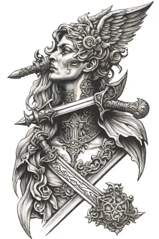 Neck Angel Tattoo With Sword