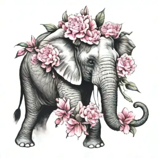 Elephant Surrounded By Pink Carnations And Hummingbirds