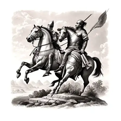 Fine Line Micro Realism Greek Statue Type Tattoo Of 2 Knights Jousting On Horses