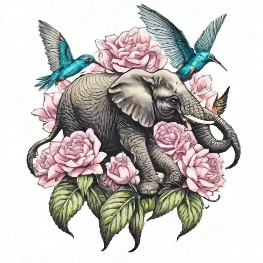 Elephant With Pink Carnations And Hummingbirds