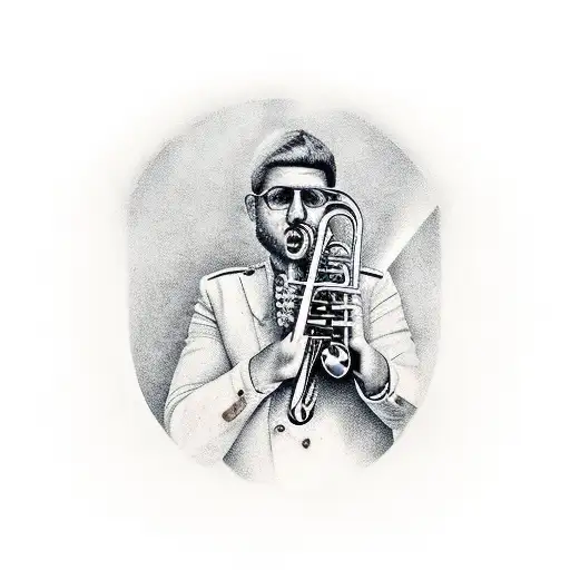 A Realistic Portrait Of A Trumpet Player With A Backdrop Of Sicilian Landscapes And Architecture