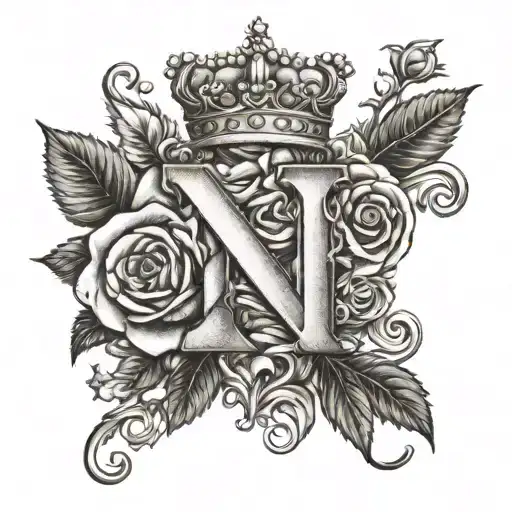 Letter N With 1 Female Crown & Roses Intertwined