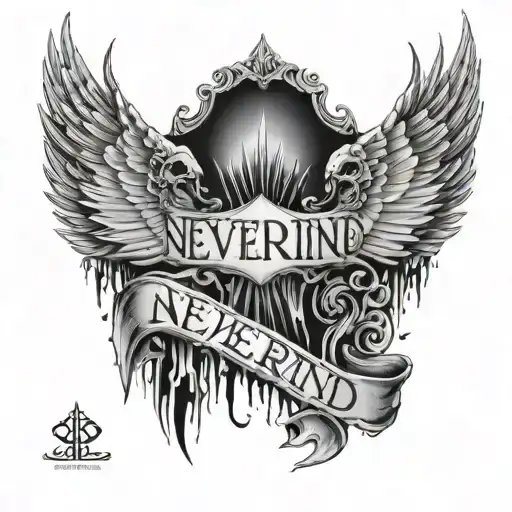 'Nevermind' In Gothic Jagged Font On The Ribs