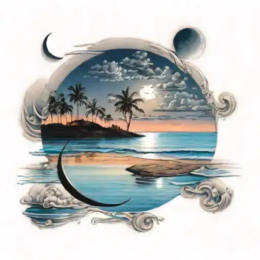 A Serene Beach Scene At Dusk With A Crescent Moon Reflected In The Calm Water