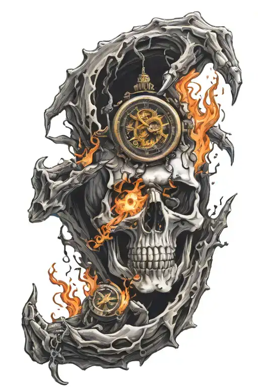 Skull Hand Coming Out Of Black Hole Holding A Timepiece With Fire All Around It