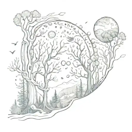 A Mystical Forest Scene With Moon Phases Hidden Within The Trees