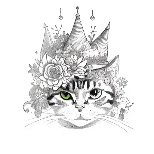 A Sketch-style Tattoo Of A Cat Wearing A Witch Hat Surrounded By Enchanted Flowers And Butterflies