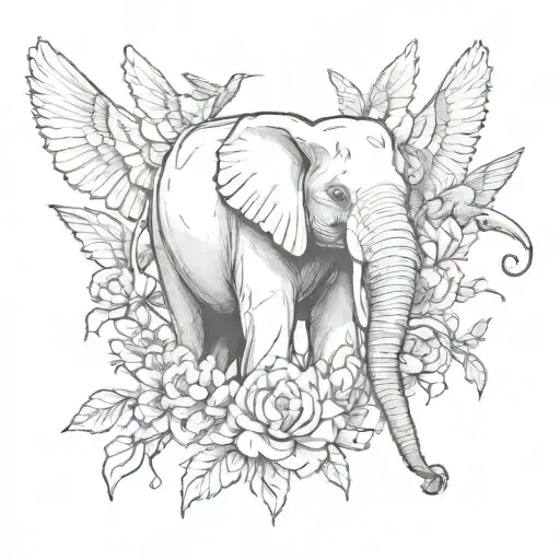 Elephant Surrounded By Pink Carnations And Hummingbirds