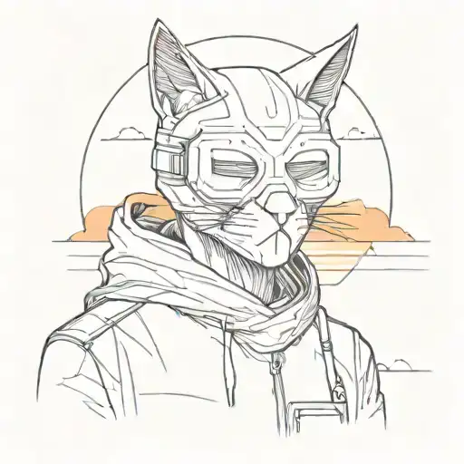 A Minimalist Sketch Of A Human Wearing A Gnaga Cat Mask Admiring A Sunset On The Horizon