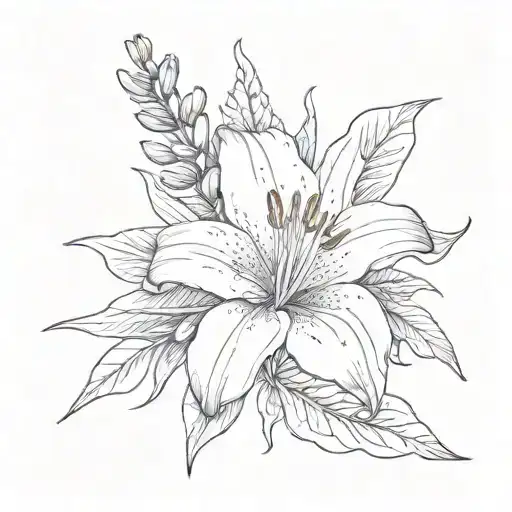 Simple Line Work Tattoo With Lily Flower And Lavender Wrapped Up In A Little Bow