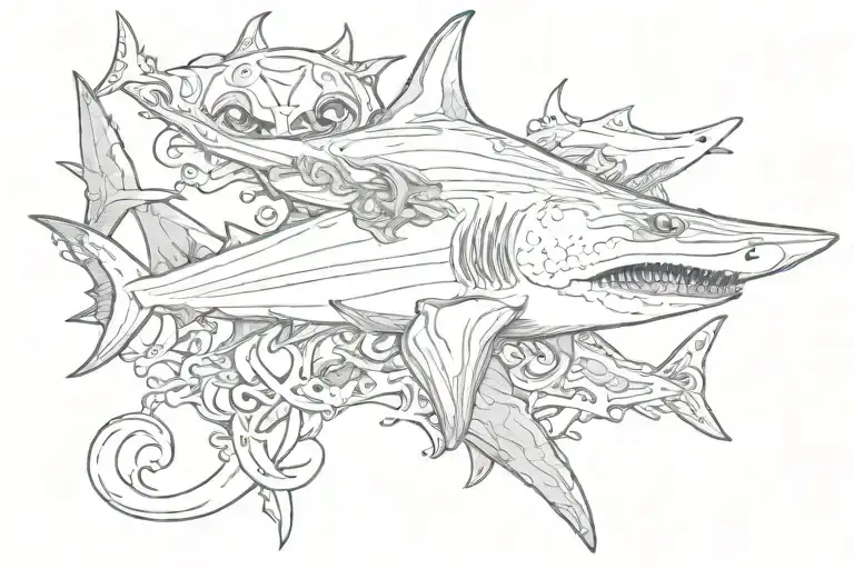 Hannerhead Shark With An Manta Ray And An Octopus
