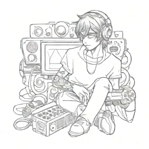 A Tattoo Design Of A Manga Character Holding A Gaming Controller Surrounded By Musical Instruments