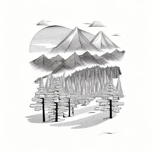 Beach With Mountains And Pine Trees