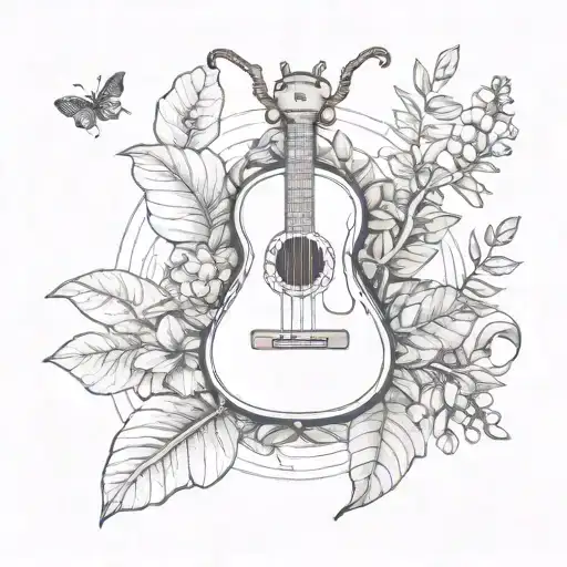 Create A Tattoo Of A Beetle Playing A Ukulele On A Beach Surrounded By Plants