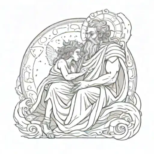 Zeus Holding Boy Sitting Together Sun Wrapped Around Moon