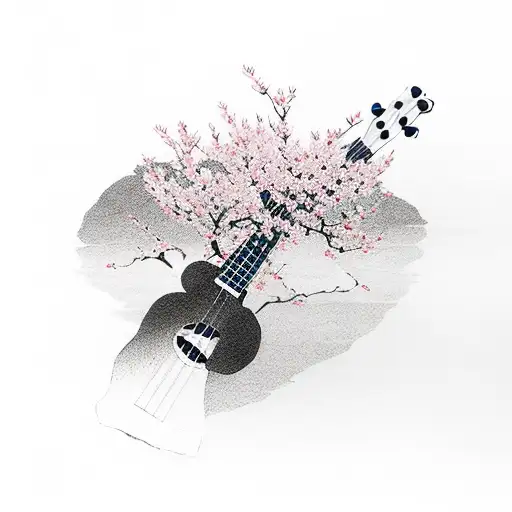 A Serene And Tranquil Nature Scene Featuring A Ukulele Among Blooming Cherry Blossom Trees