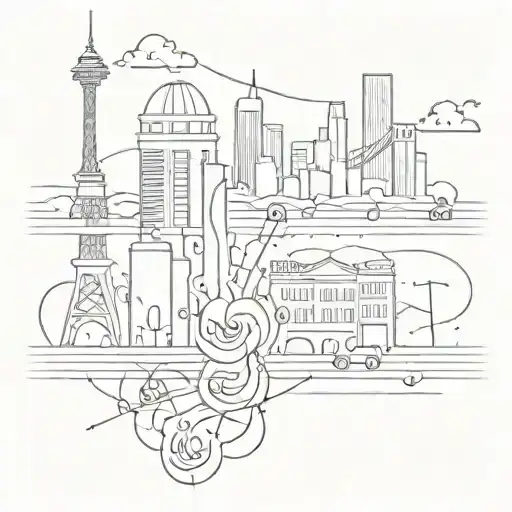 An Abstract Design Incorporating Musical Notes And City Landmarks From La La Land