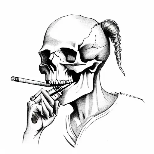 Skull With Man Bun Smoking A Cigarette