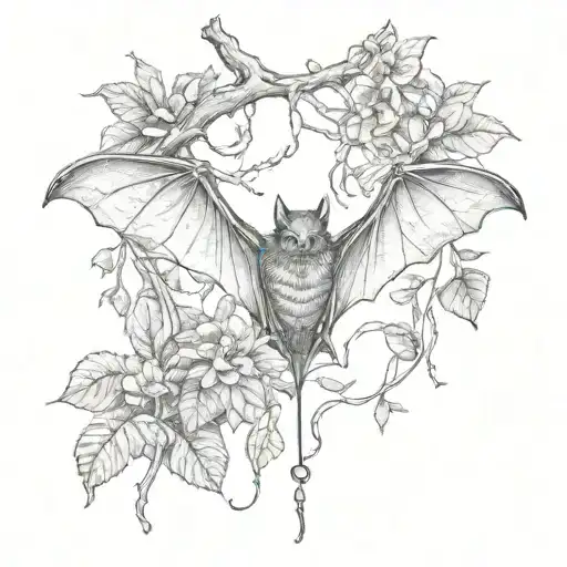 A Sketch-style Tattoo Of A Bat Hanging Upside Down On A Branch Surrounded By Plants