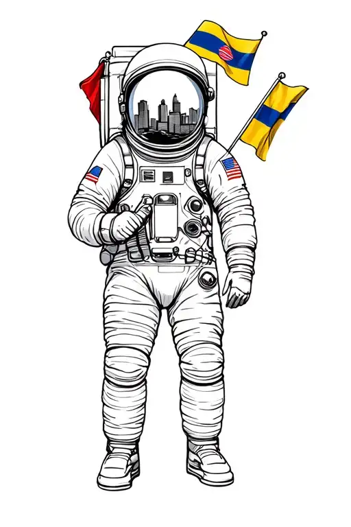 Astronaut Holding Colombian Flag With City Of Houston In Astronaut Helmet Reflecting