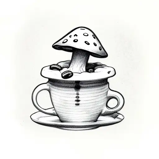 Small Cute Mushroom Drinking A Cup Of Coffee