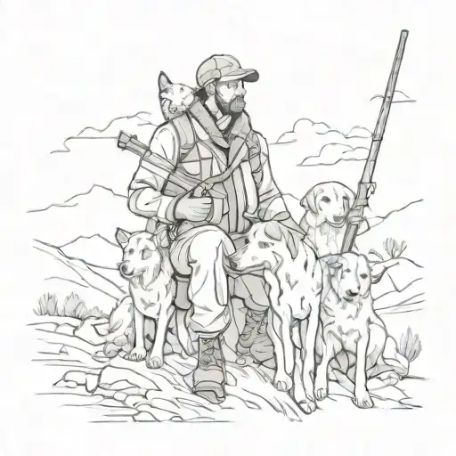 A Detailed Portrait Of A Hunter With A Pack Of Hunting Dogs In A Rugged Landscape