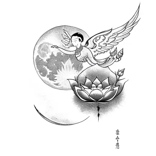 Moon With Lotus And An Angel