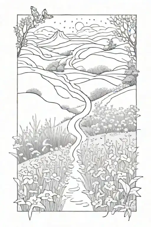 A Dotwork Tattoo Of A Winding Path Through A Field Of Wildflowers With Hidden Animal Silhouettes