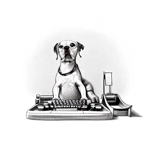 A Writer's Desk With A Dog Sitting On A Typewriter