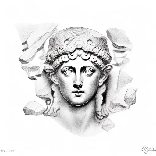 Ancient Greek Statue Of A Woman's Face With The Elements Of Nature