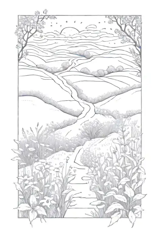 A Dotwork Tattoo Of A Winding Path Through A Field Of Wildflowers With Hidden Animal Silhouettes