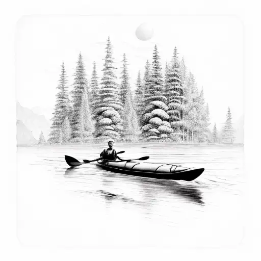 Kayak Going Down A River In An Evergreen Forest