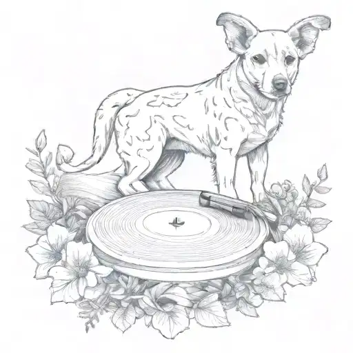 A Tattoo Featuring A Dog Listening To Clutch On Vinyl Record Surrounded By Psychedelic Mushrooms