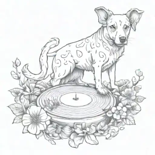 A Tattoo Featuring A Dog Listening To Clutch On Vinyl Record Surrounded By Psychedelic Mushrooms