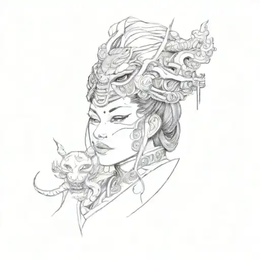A Woman With A Mask Of Japan Demon On Her Head And Her Mouth Full Black Ink With Shadows