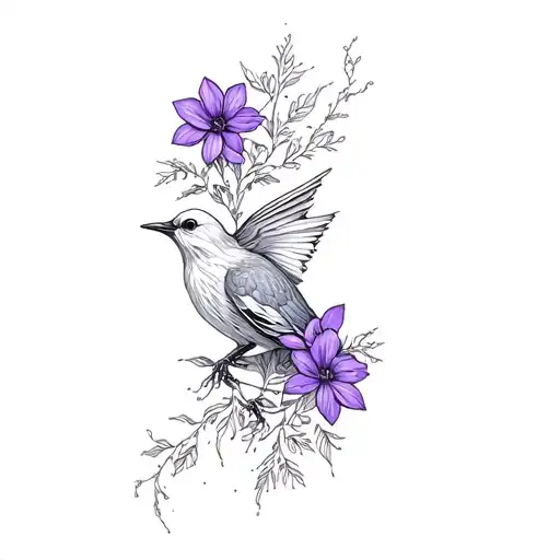 A Bird With Purple Flowers