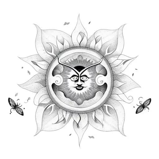 Sun With Long Vines With Flowers And Butterflies