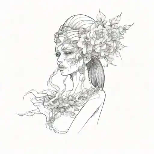 A Woman With A Skull On Her Head Full Black Ink With Shadows