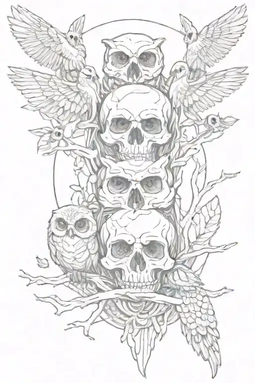 Skull And Owls Perched