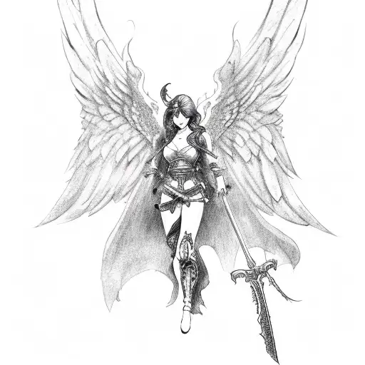 Dark Angel With Open Wings And A Sword In His Hand
