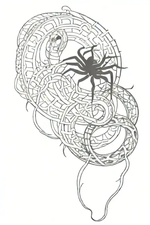 An Intricate Design Featuring A Spider And A Snake Intertwined In A Yin Yang Symbol