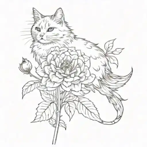 Cat Wrapping Tail Around A Dahlia Flower With A Finch Resting On The Stem
