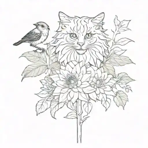 Cat Wrapping Tail Around Stem Of A Dahlia Flower With A Finch Resting On The Stem
