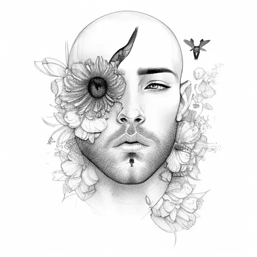 A Male Face Sketch With Delicate Flowers And A Hummingbird Kissing The Cheek