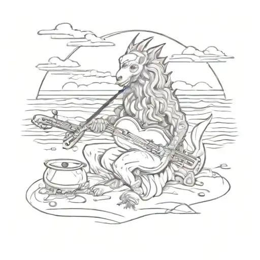 A Mythical Creature Playing A Historical Instrument On A Beach At Sunset