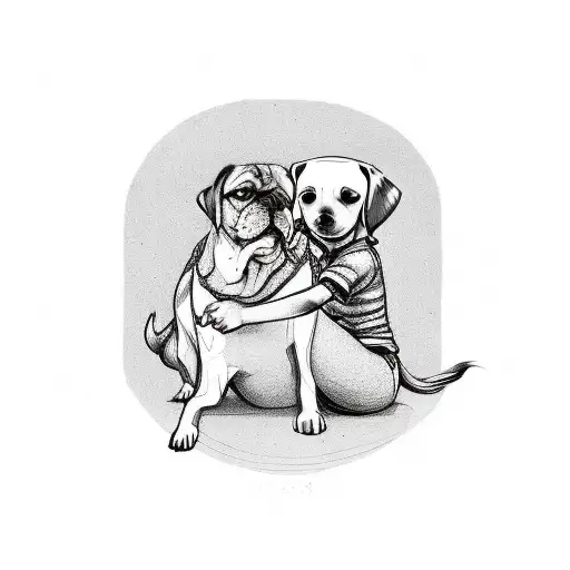 Girl Sitting With Dog On Her Side And Head On Her Shoulder With Ohana Tortoise Inside Her Belly